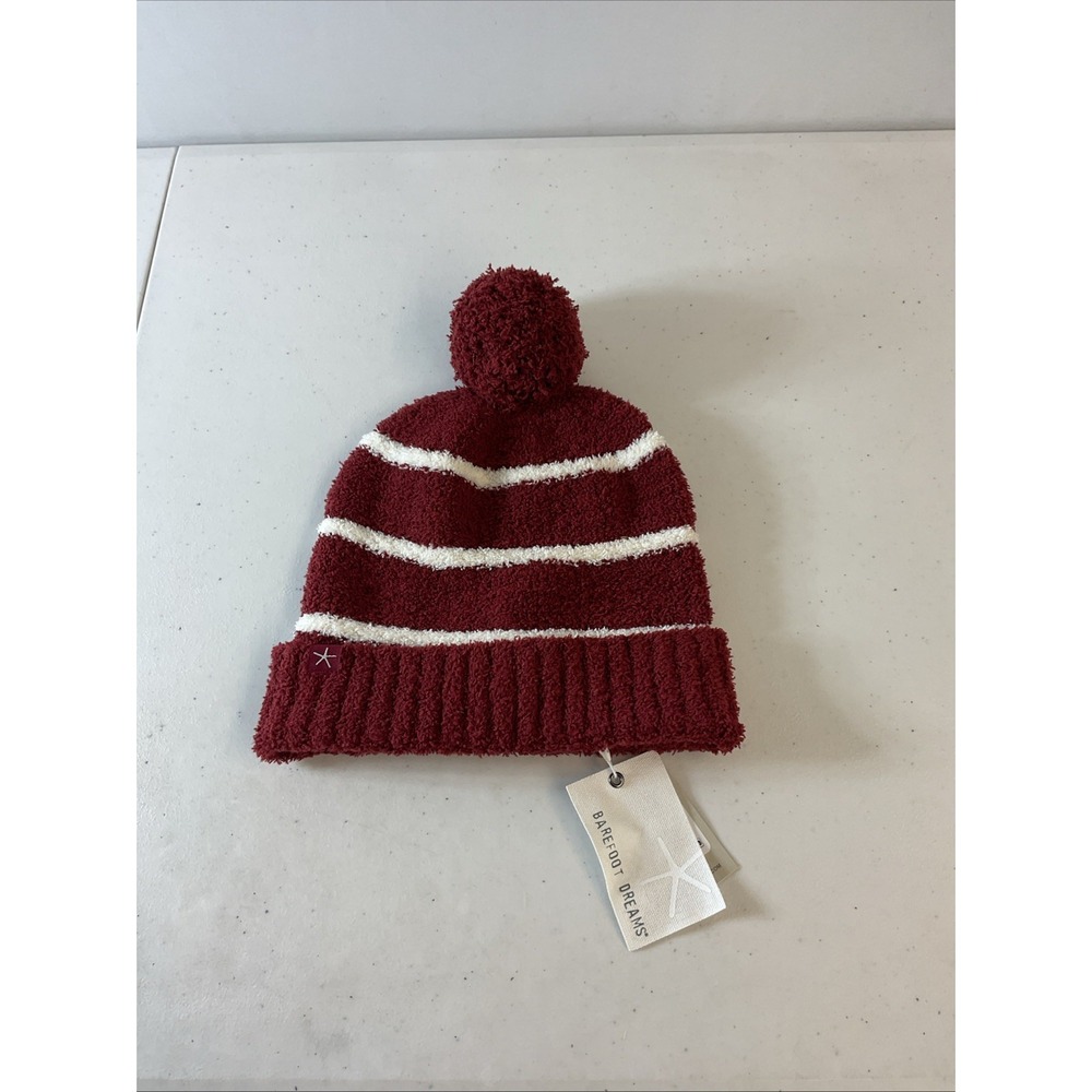 NEW Barefoot Dreams  CozyChic‎  Pom Pom Beanie Hat maroon/ white striped ATM